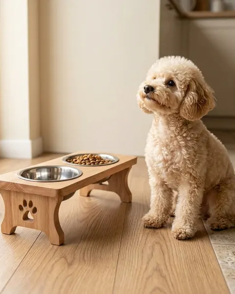 Chó Poodle đứng cạnh bát ăn cho chó mèo đế gỗ tự nhiên Petco Global