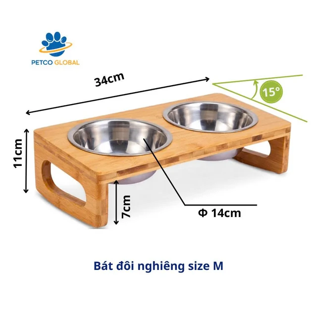 Bát ăn cho chó mèo đôi nghiêng size M, đế gỗ 15 độ, kích thước 34x11cm
