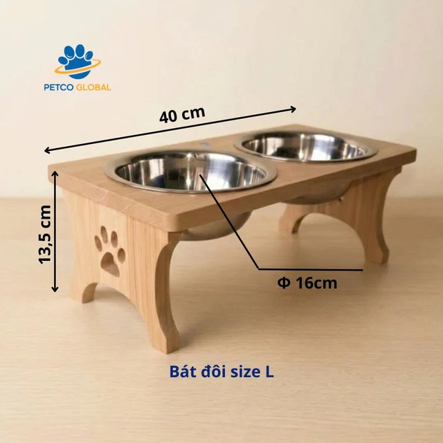 Bát ăn cho chó mèo đôi size L, đế gỗ cao 13,5cm, kích thước 40x13,5cm