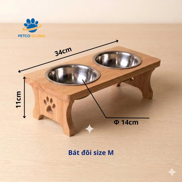 Bát ăn cho chó mèo đôi size M, đế gỗ tự nhiên, kích thước 34x11cm