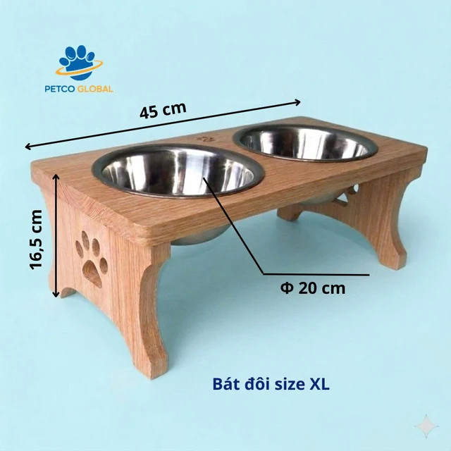 Bát ăn cho chó mèo đôi size XL, đế gỗ cao 16,5cm, kích thước 45x20cm