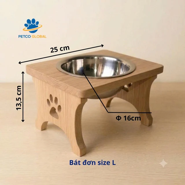 Bát ăn cho chó mèo đơn size L, đế gỗ cao 13,5cm, đường kính 16cm