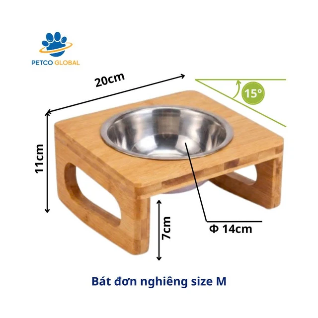 Bát ăn cho chó mèo đơn size M, đế gỗ nghiêng 15 độ, đường kính 14cm