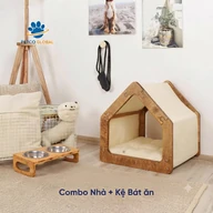 Combo Nhà Harmony và bát ăn đôi nghiêng size M, đế gỗ tự nhiên cho chó mèo