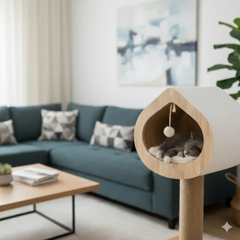 Nhà cây mèo Catlotus đặt cạnh sofa xanh trong phòng khách hiện đại