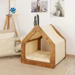 Nhà chó mèo Harmony phối màu gỗ nâu cánh gián, mái vải kem đặt trong phòng ngủ